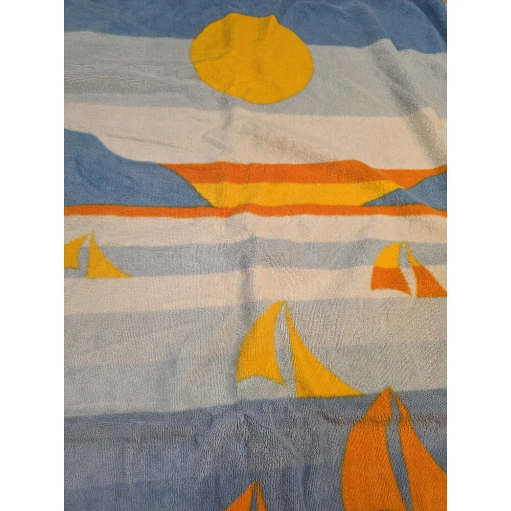 Vintage Sea Drift Beach Towel Sailboats Sunset Ocean Blue Cotton Brazil 28x53